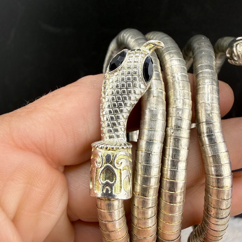 Snake Wrap Bracelet Silver Tone Black Eyes Flexible Coil Size 8 - Picture 4 of 7